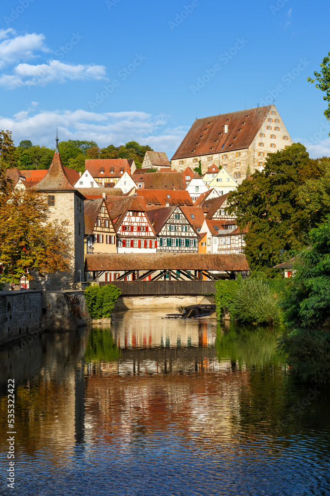Schwäbisch Hall half-timbered houses from the middle ages town at river Kocher portrait format in Germany Schwäbisch Hall half-timbered houses from the middle ages town at river Kocher portrait format in Germany