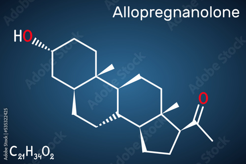 Allopregnanolone, brexanolone molecule. It is naturally occurring neurosteroid, used for treatment of postpartum depression PPD. Structural chemical formula, dark blue background.