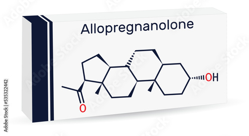 Allopregnanolone, brexanolone molecule. It is used for treatment of postpartum depression PPD. Skeletal chemical formula. Paper packaging for drugs. photo