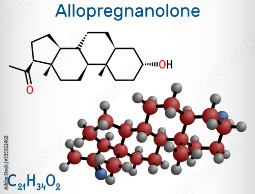 Allopregnanolone, brexanolone molecule. It is naturally occurring neurosteroid, used for treatment of postpartum depression PPD. Structural chemical formula, molecule model.