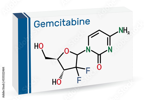 Gemcitabine molecule. It is antineoplastic agent used in the therapy of  pancreatic, lung, breast, ovarian, bladder cancer. Skeletal chemical formula. Paper packaging for drugs. © bacsica