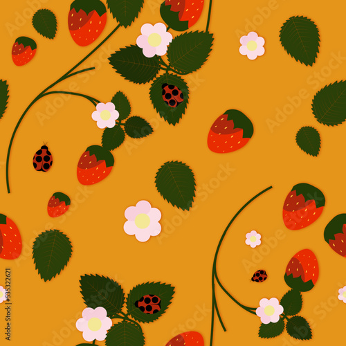 Seamless background with strawberries on a branch.