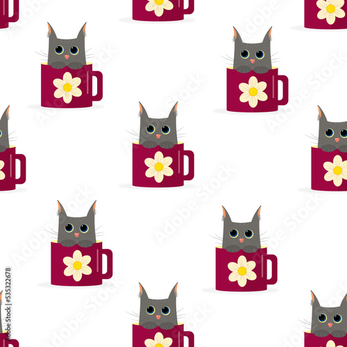 Cute, childish background with a picture of a kitten in a mug. Children's seamless background with a picture of a kitten.