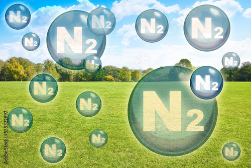 N2 nitrogen gas is the main constituent of the earth's atmosphere - concept with nitrogen molecules against a natural rural scene photo