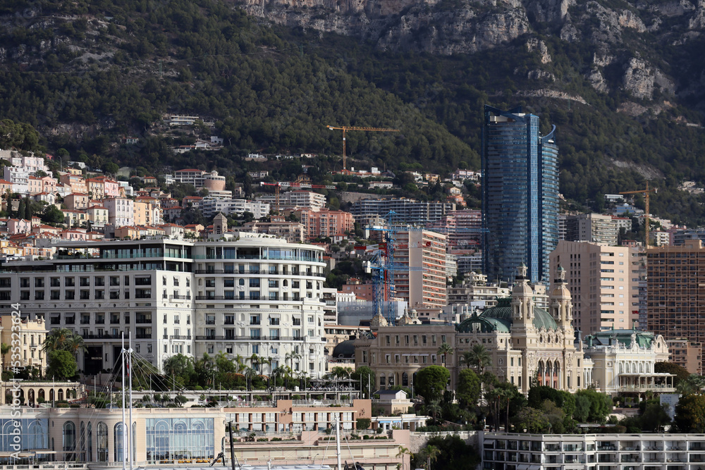 Monaco, Monaco - 02.10.2022: 
 View from the port of Monaco to the Monte Carlo Casino and the famous Hotel de Paris