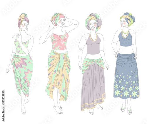 Collection. Silhouette of a beautiful girl. Lady in a turban and national clothes. Woman in modern one line style. Solid line, decor outline, posters, stickers, logo. Vector illustration set.