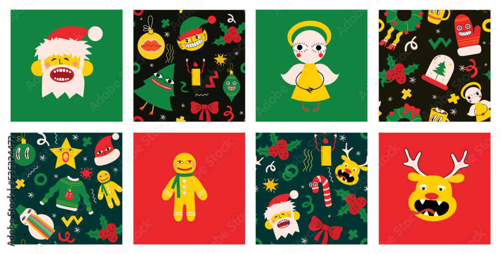 Fototapeta premium Cute cartoon character and christmas elements seamless pattern. Merry Christmas and Happy New Year 2023. Vector trendy abstract illustrations for holiday wallpaper, fabric