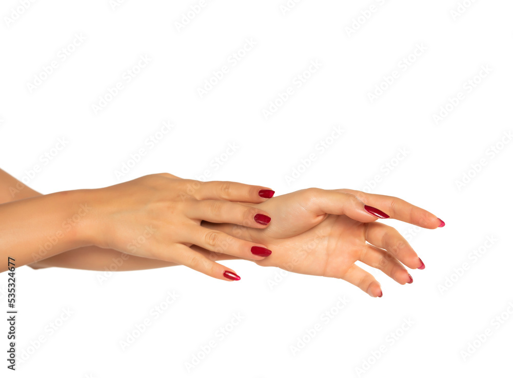 close up of female soft skin hands. health and beauty concept. white background.