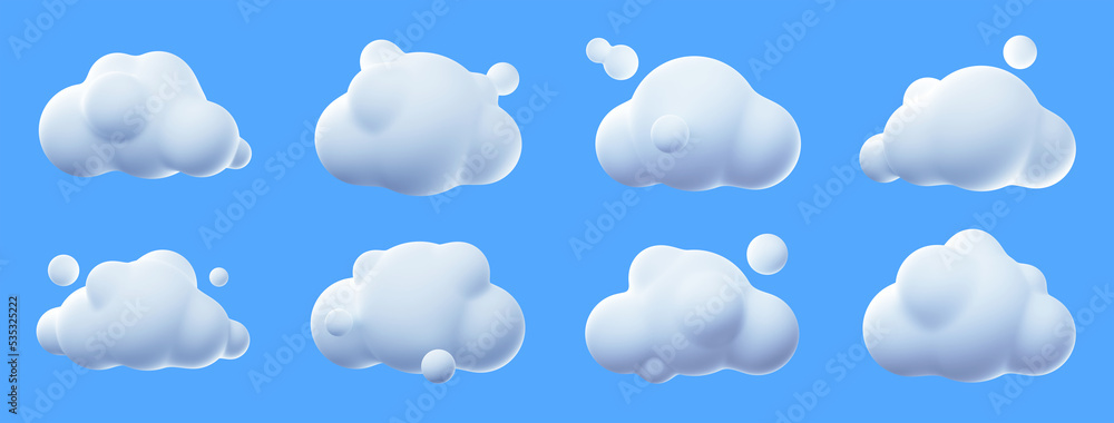 3d render white clouds, fluffy spindrift or cumulus eddies. Flying weather and nature design elements balloons isolated on blue background, illustration in cartoon plastic style, icons set 3d render white clouds, fluffy spindrift or cumulus eddies. Flying weather and nature design elements balloons isolated on blue background, illustration in cartoon plastic style, icons set