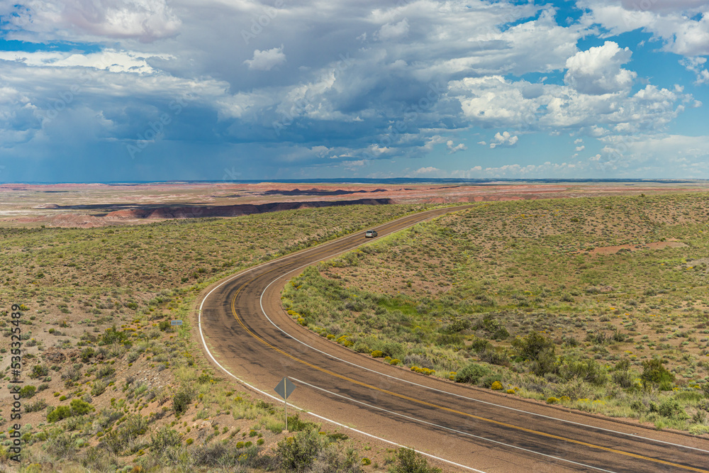 Car driving on the remote roadway deep in the heart of the Petrified Forest National Park.