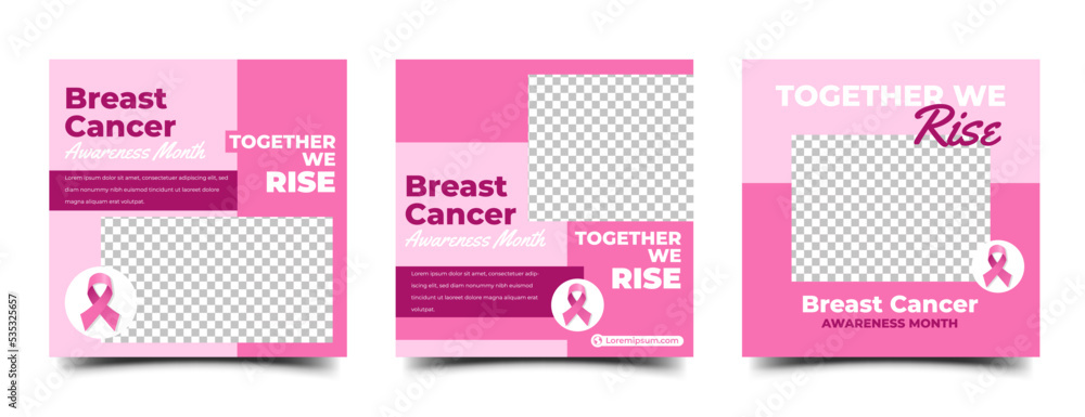 Set of Breast cancer awareness month square banner template design. Usable for social media post, card, and web ads.