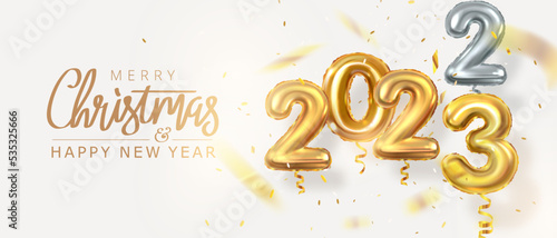 2023 New year, Christmas. Outgoing 2022. Realistic 3d style. Golden balloons with numbers and confetti. vector design photo