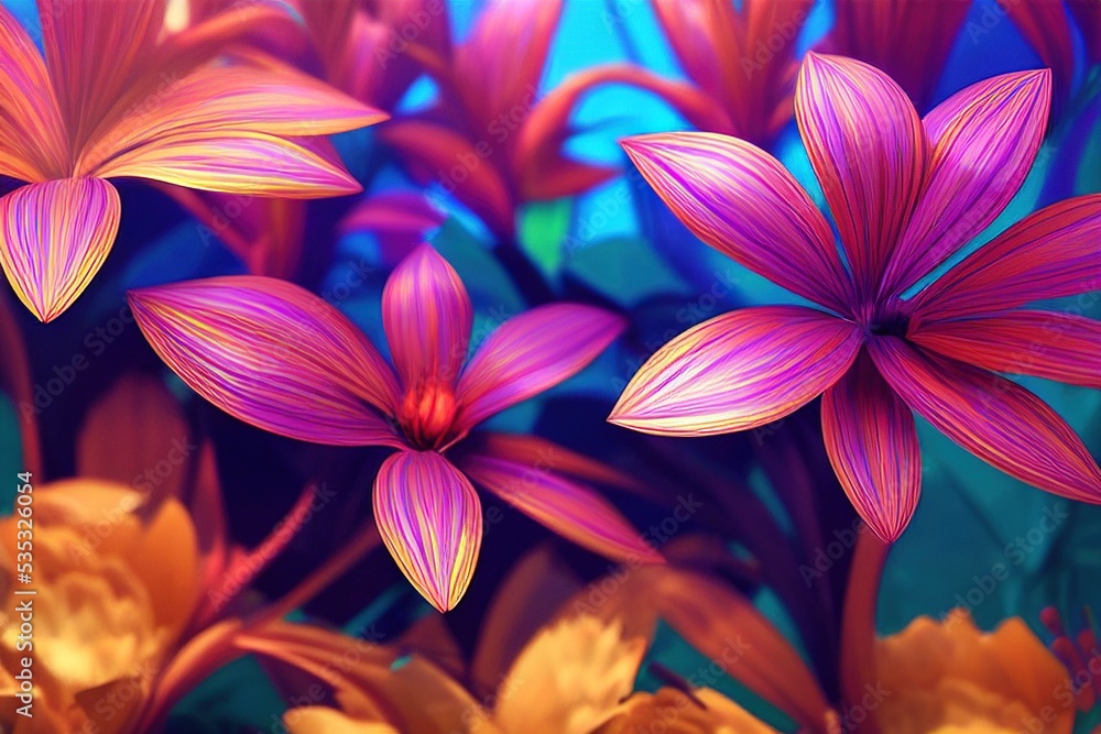 Exotic plants and flowers fantasy illustration. 3D rendered floral composition Exotic plants and flowers fantasy illustration. 3D rendered floral composition