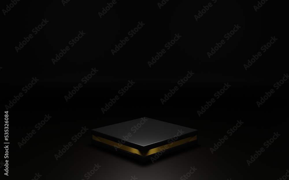 3d rendering, 3 d illustration, low light black and gold rectangle product podium 3d rendering, 3 d illustration, low light black and gold rectangle product podium