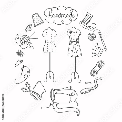 Sewing accessories doodle style. Handmade, set with elements of a sewing machine, threads, needles, dummy, scissors. Vector.