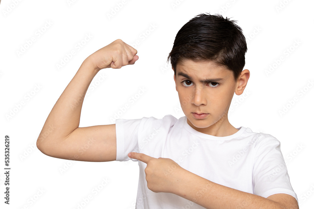 A kid showing his muscles isolated on white background A kid showing his muscles isolated on white background