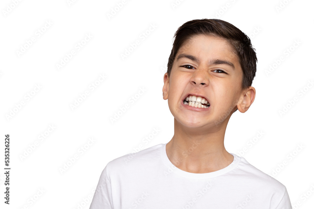 Boy clenching his teeth on white background Boy clenching his teeth on white background