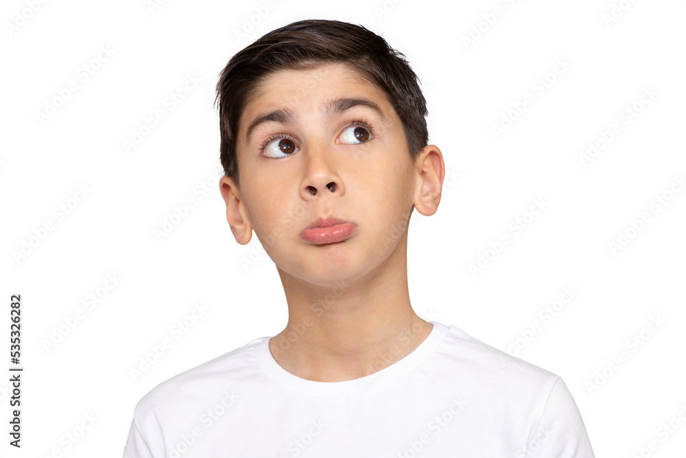 Portrait of thoughtful confused cute boy over white background. Portrait of thoughtful confused cute boy over white background.