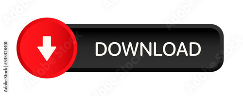 3D black red download button icon. Upload icon. Down arrow bottom side symbol. Click here button. Save cloud icon push button for UI UX, website, mobile application.