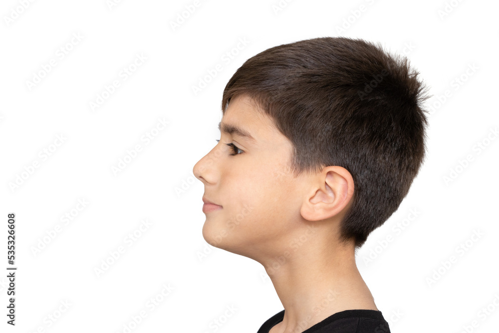 Profile of pretty nice little boy with stylish in T-shirt looking to side with serious attentive face, calm pensive expression. indoor studio shot isolated on white background, copy space Profile of pretty nice little boy with stylish in T-shirt looking to side with serious attentive face, calm pensive expression. indoor studio shot isolated on white background, copy space
