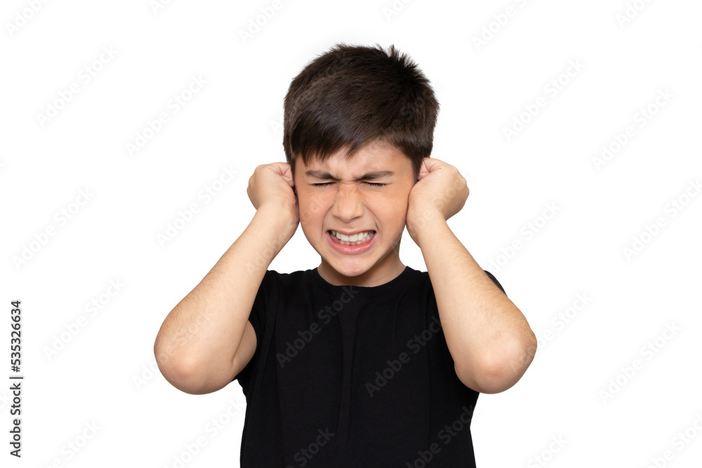 Unhappy boy covering his ears with his hands. Isolated on the white background Unhappy boy covering his ears with his hands. Isolated on the white background