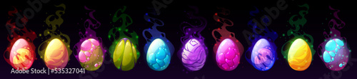 Cartoon dragon eggs with glowing sparkles and mysterious haze. Dinosaur and reptile ui game assets set. Magic colorful textured, pimpled, fire and power energy shells gui graphics, vector illustration