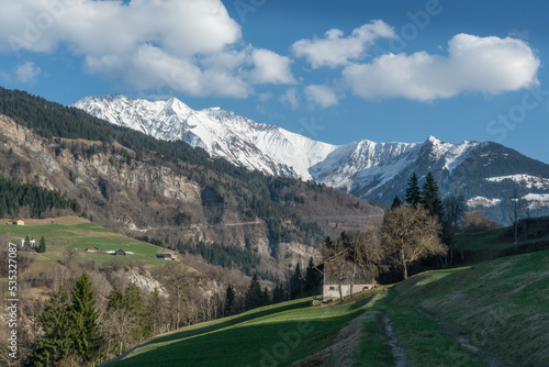 Mountain landscape, Piz Fess (2880 m) and Val Lumnezia, Graubünden, Switzerland