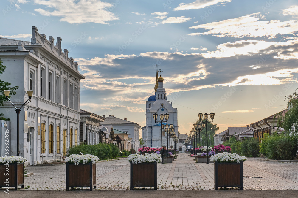 Sobornaya street, Odigitrievsky Cathedral. Cityscape of city Ulan-Ude, Buryatia, Russia
