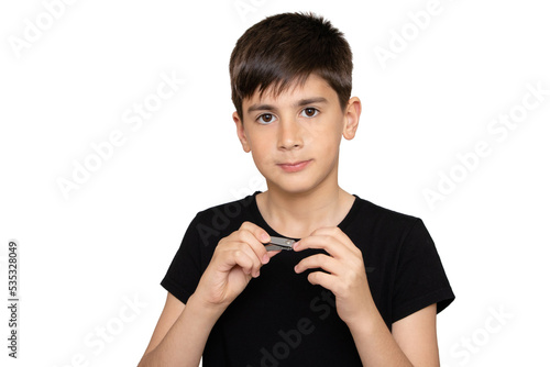 Healthy boy cutting nails using stainless steel nail clipper on the white background. Hygiene. Virus bacteria in nails. Sanitizer hand. Coronavirus covid19.