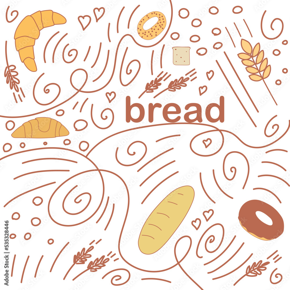 Vector pattern in doodle style on the theme of bread