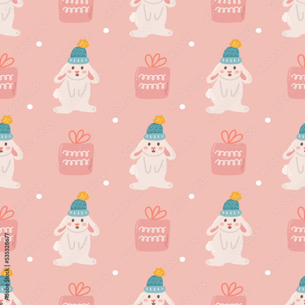 Christmas vector seamless pattern in flat style, rabbit and gift on pink background