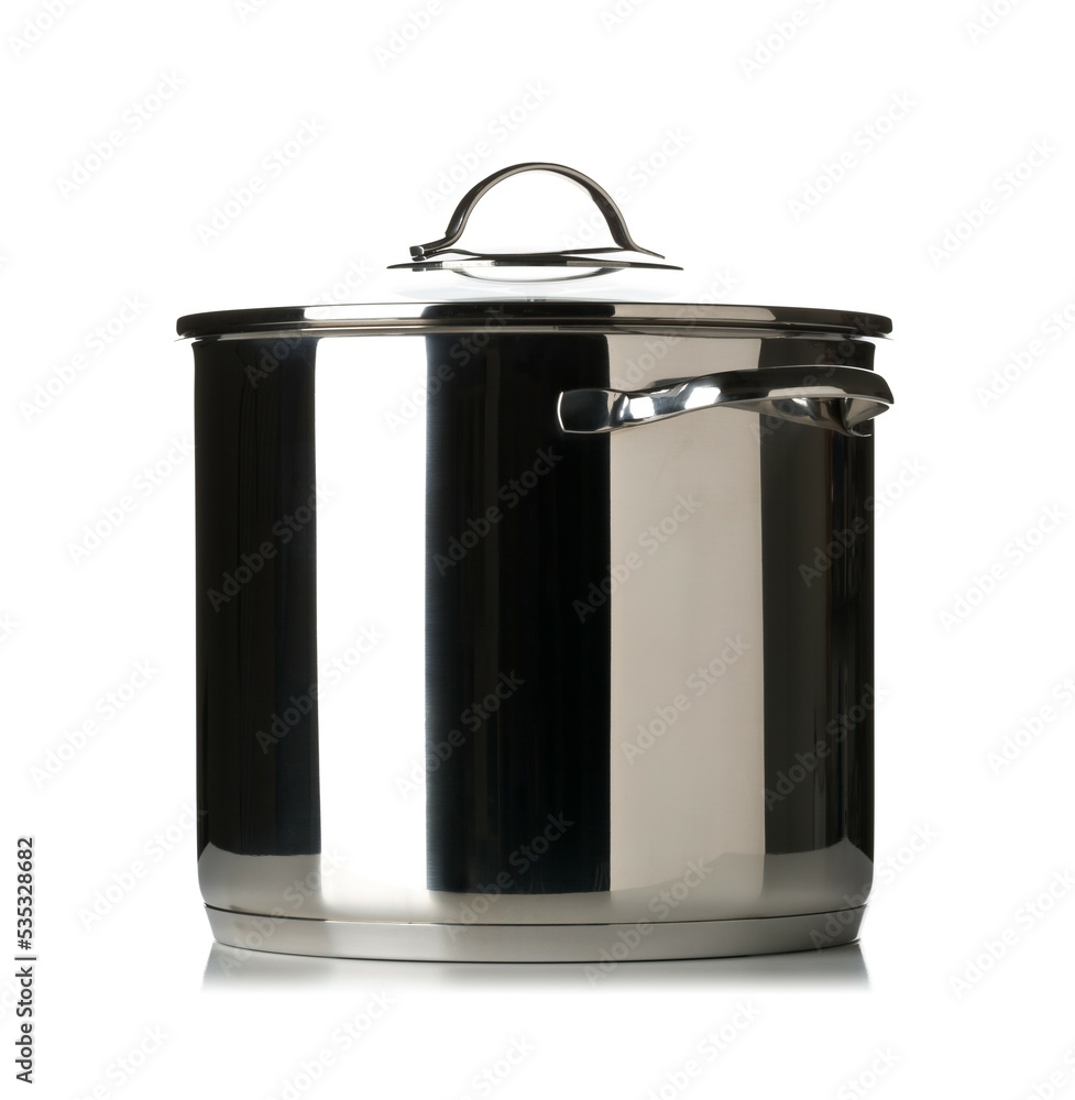 Large stainless steel cooking pot with handles and glass lid side view Large stainless steel cooking pot with handles and glass lid side view