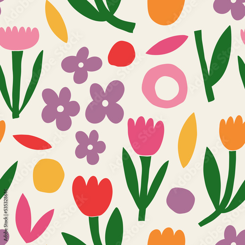 Aesthetic Contemporary printable seamless pattern with retro groovy flowers. Decorative Naive 60's, 70's style Vintage boho background in minimalist mid century style for fabric, wallpaper or wrapping