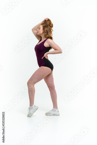 model size posing bodysuit on white background