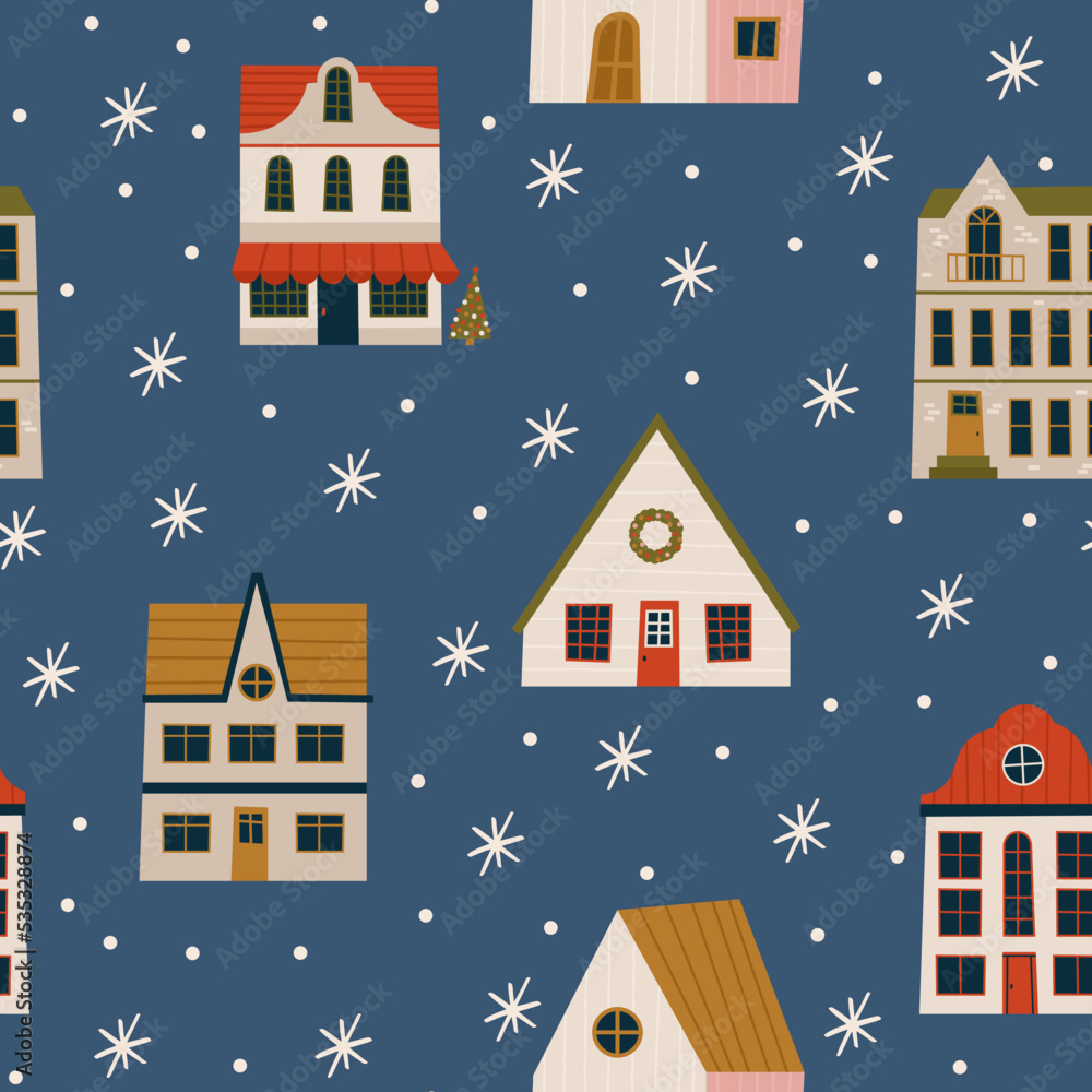 Merry Christmas and Happy New Year seamless pattern with various tiny houses. Modern hand draw illustrations. Colorful contemporary art Merry Christmas and Happy New Year seamless pattern with various tiny houses. Modern hand draw illustrations. Colorful contemporary art