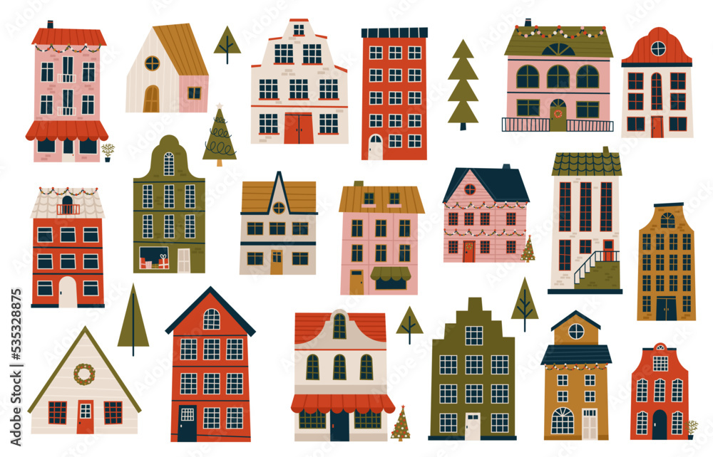 Merry Christmas and Happy New Year Set of various tiny houses. Modern hand draw illustrations. Colorful contemporary art