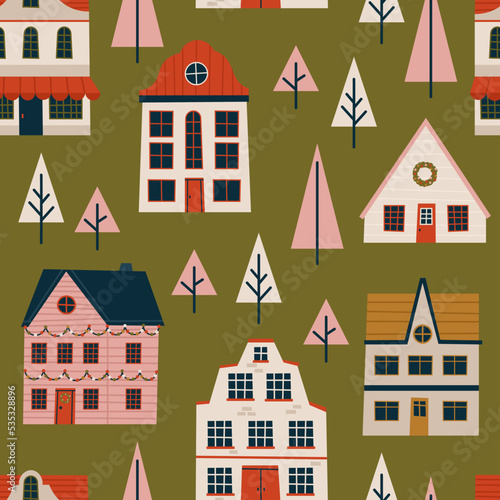 Merry Christmas and Happy New Year seamless pattern with various tiny houses. Modern hand draw illustrations. Colorful contemporary art © anya