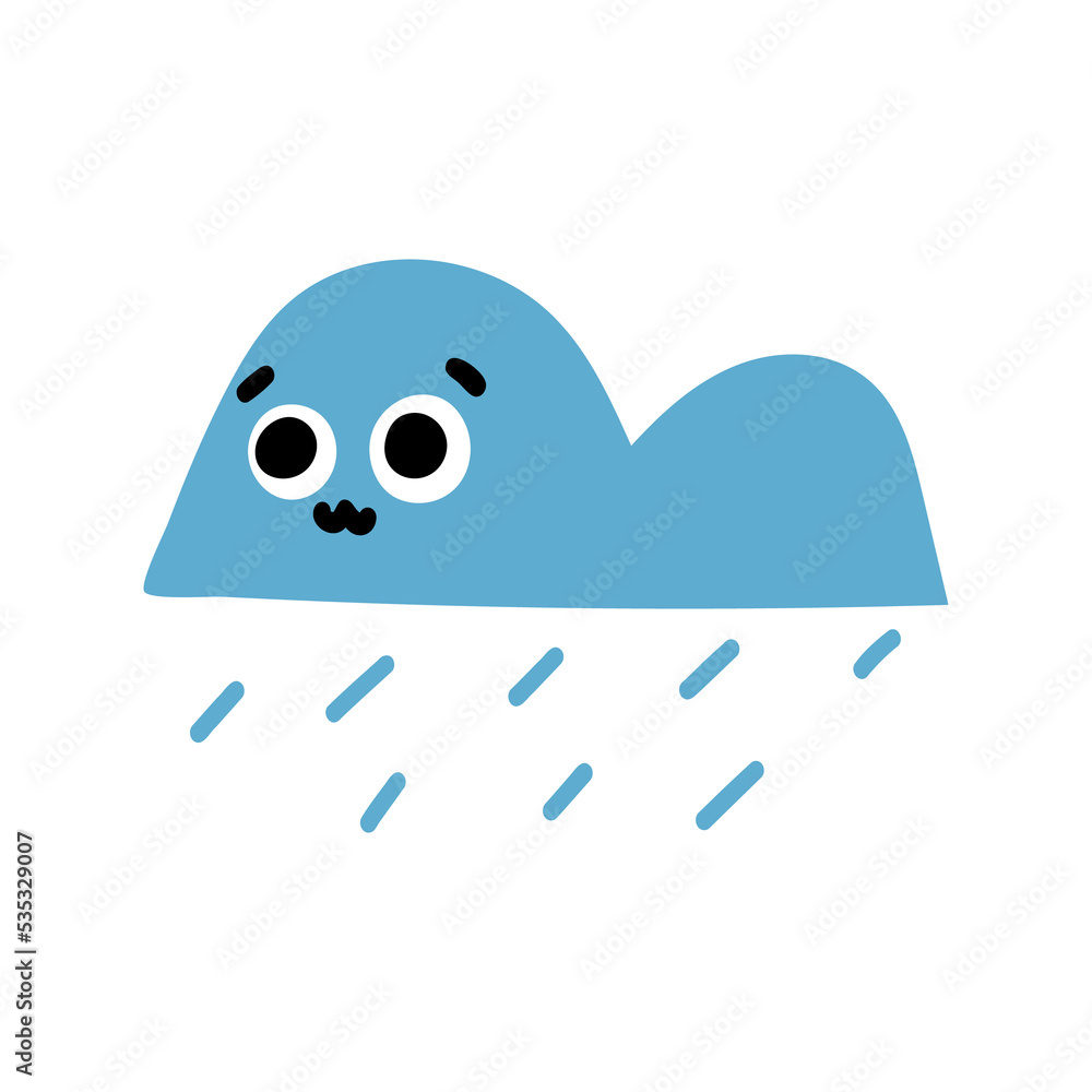 Cute kawaii cloud, childish weather character with rain, with a sweet face, smile, and big eyes. Vector isolated icon, kids illustration. Cute kawaii cloud, childish weather character with rain, with a sweet face, smile, and big eyes. Vector isolated icon, kids illustration.