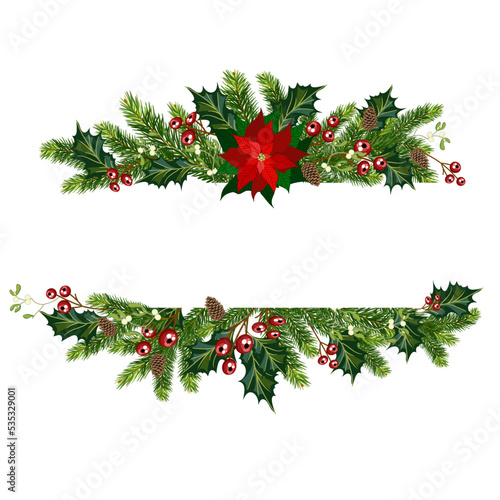 Christmas fir border with poinsettia and berries