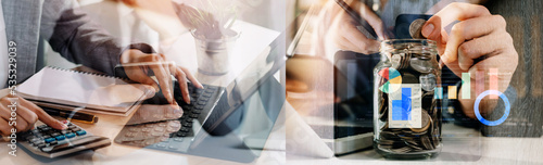 Businessman hands working with finances about cost and calculator and laptop with tablet, smartphone at office in morning light