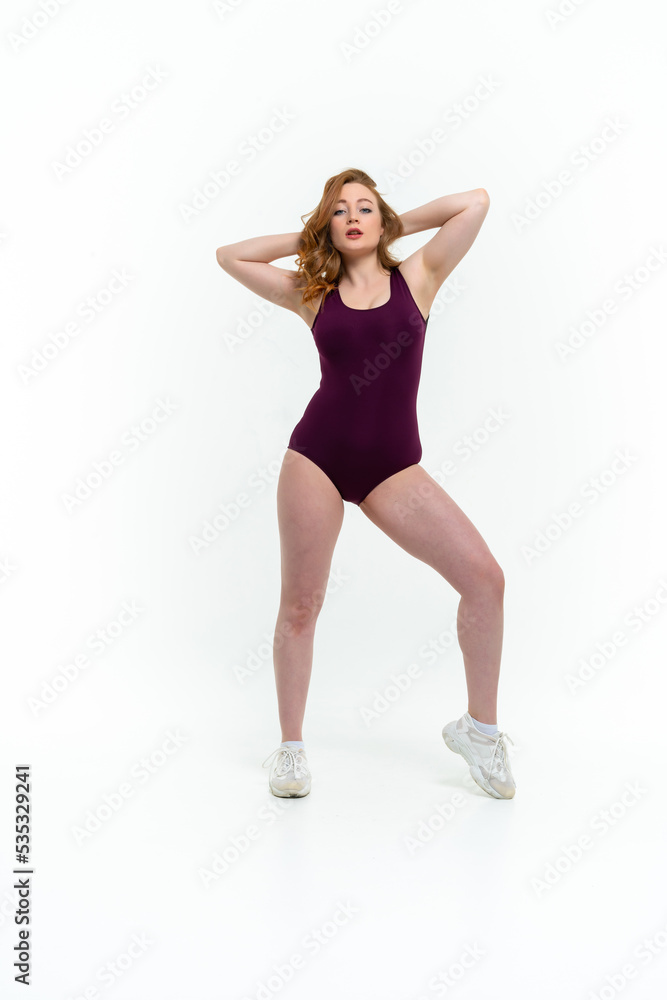 model size posing bodysuit on white background