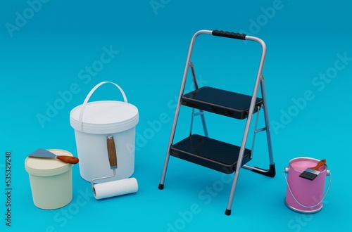 3D illustration, paint cans, spatula, ladder and brush, blue background, 3D rendering.