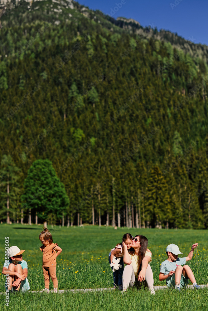 Obraz premium Mother sitting with children on path in alpine meadow at Untertauern, Austria.