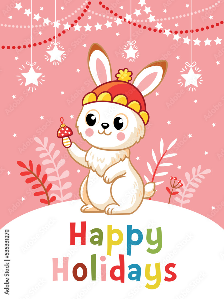 Christmas card with New Year's bunny on a snowy background in cartoon style. Christmas card with New Year's bunny on a snowy background in cartoon style.