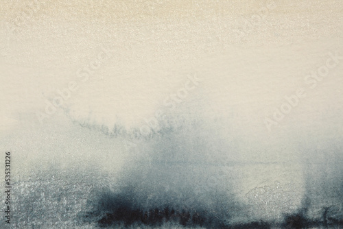 Abstract grain grunge watercolor and acrylic flow blot painting. Blue and beige color canvas texture horizontal background.