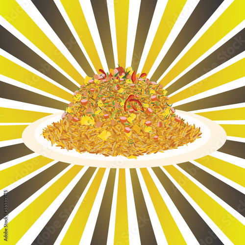 Chaufa rice or also called "Arroz chaufa" peruvian, food made from rice, hot dog, boiled egg, Chinese onion.