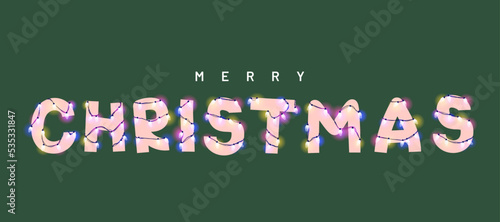 Merry Christmas vector illustration. Type with glowing Christmas lights and bulbs. Celebrational text for decoration. Festive set in playful style.