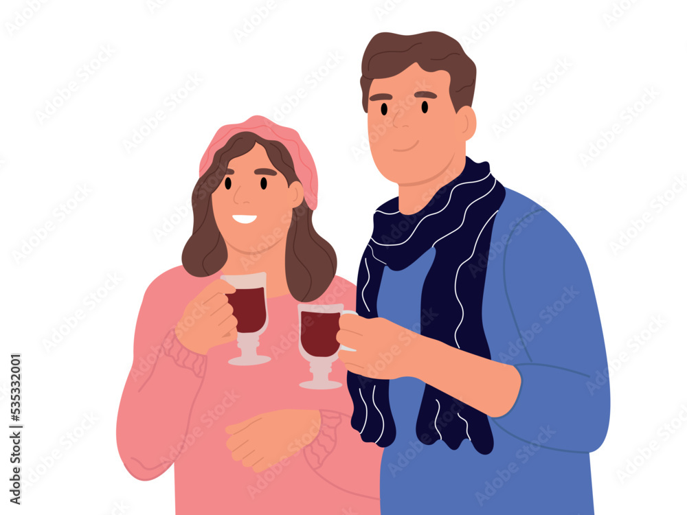 Characters with hot drinks. Winter happiness, mulled wine or coffee drink for a snowy winter. Friends spend time together Vector illustration in flat cartoon style.