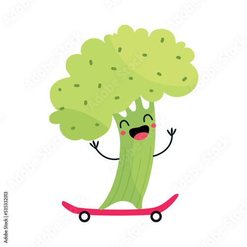 Green Broccoli Vegetable Riding Skateboard Enjoying Summer Vacation and Having Fun Vector Illustration