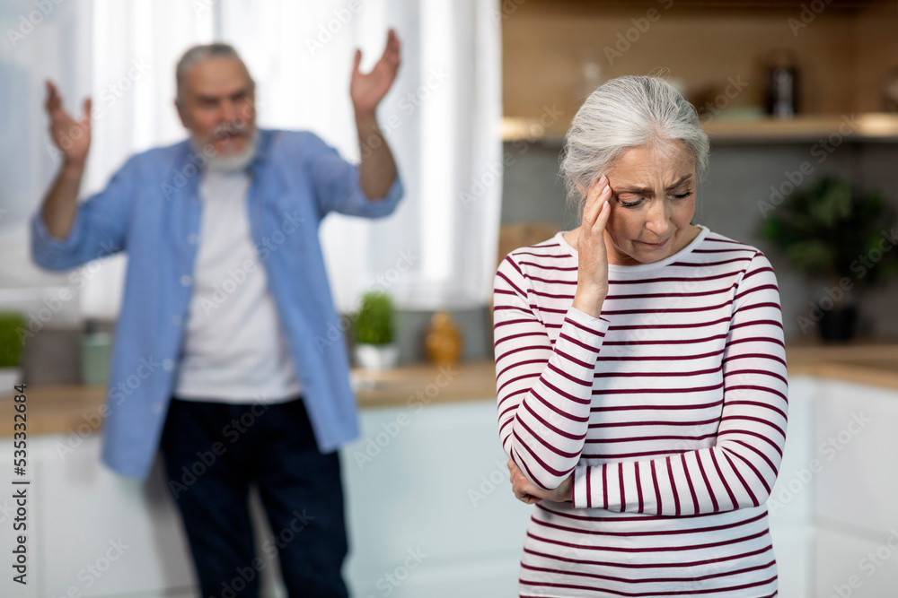 Domestic Abuse. Angry Senior Man Shouting At His Crying Wife In Kitchen Domestic Abuse. Angry Senior Man Shouting At His Crying Wife In Kitchen